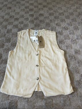 NWT Garcia Linen Blend V-Neck Button Front Vest Beige Size 164/170